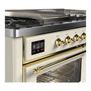 ILVE Majestic III 60-inch Dual Fuel Range with 7 Natural Gas Burner, Griddle, French Top and Triple Glass Door Electric Oven in Antique White with Brass Trim (UM60FSNR3AWG)