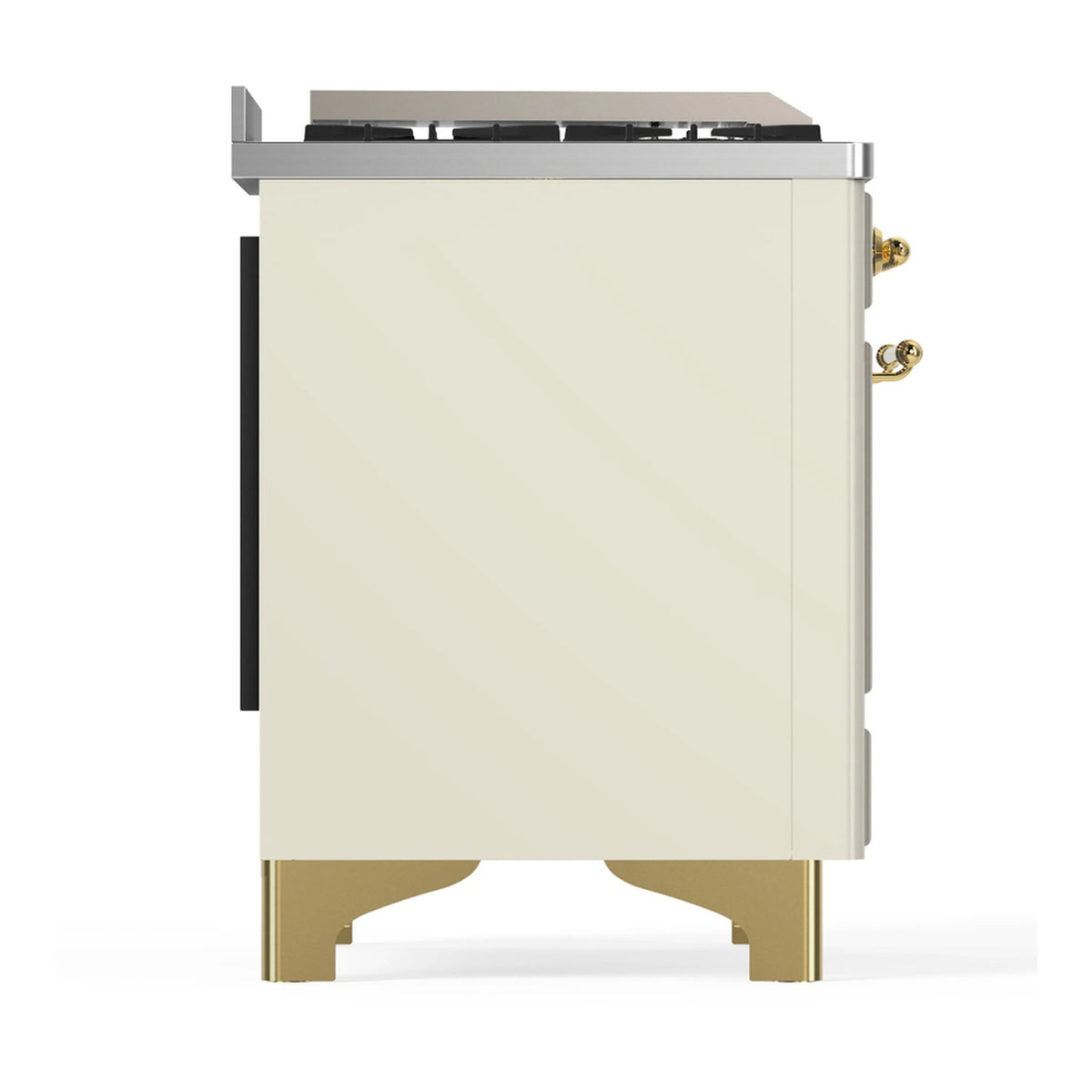Antique white dual fuel range side panel with brass trim and stainless cooktop top