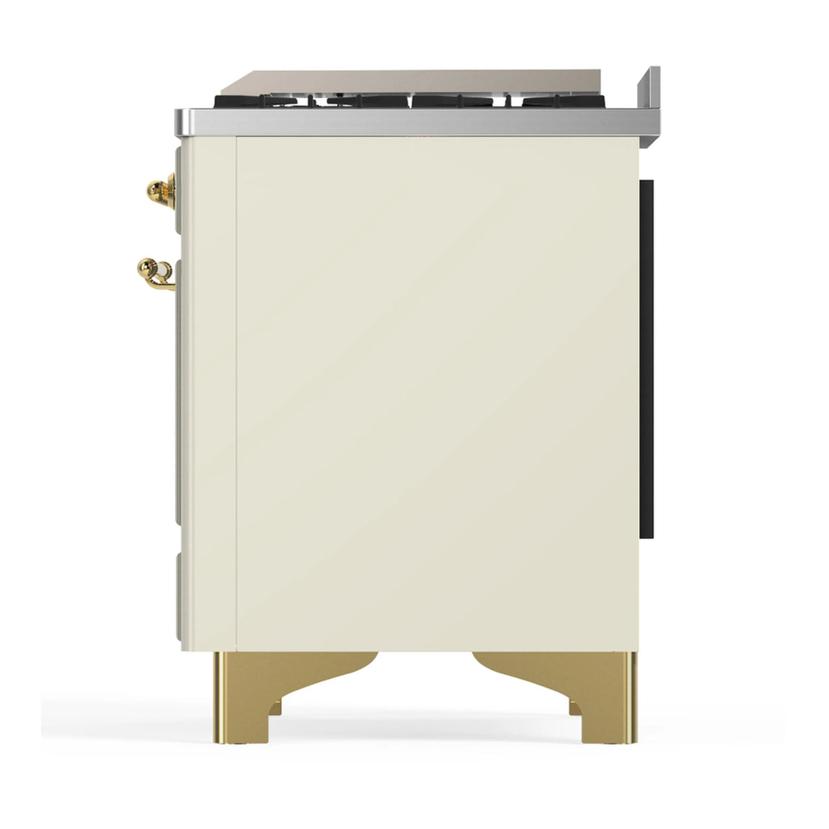Antique white dual fuel range side panel with brass details and gold-tone feet