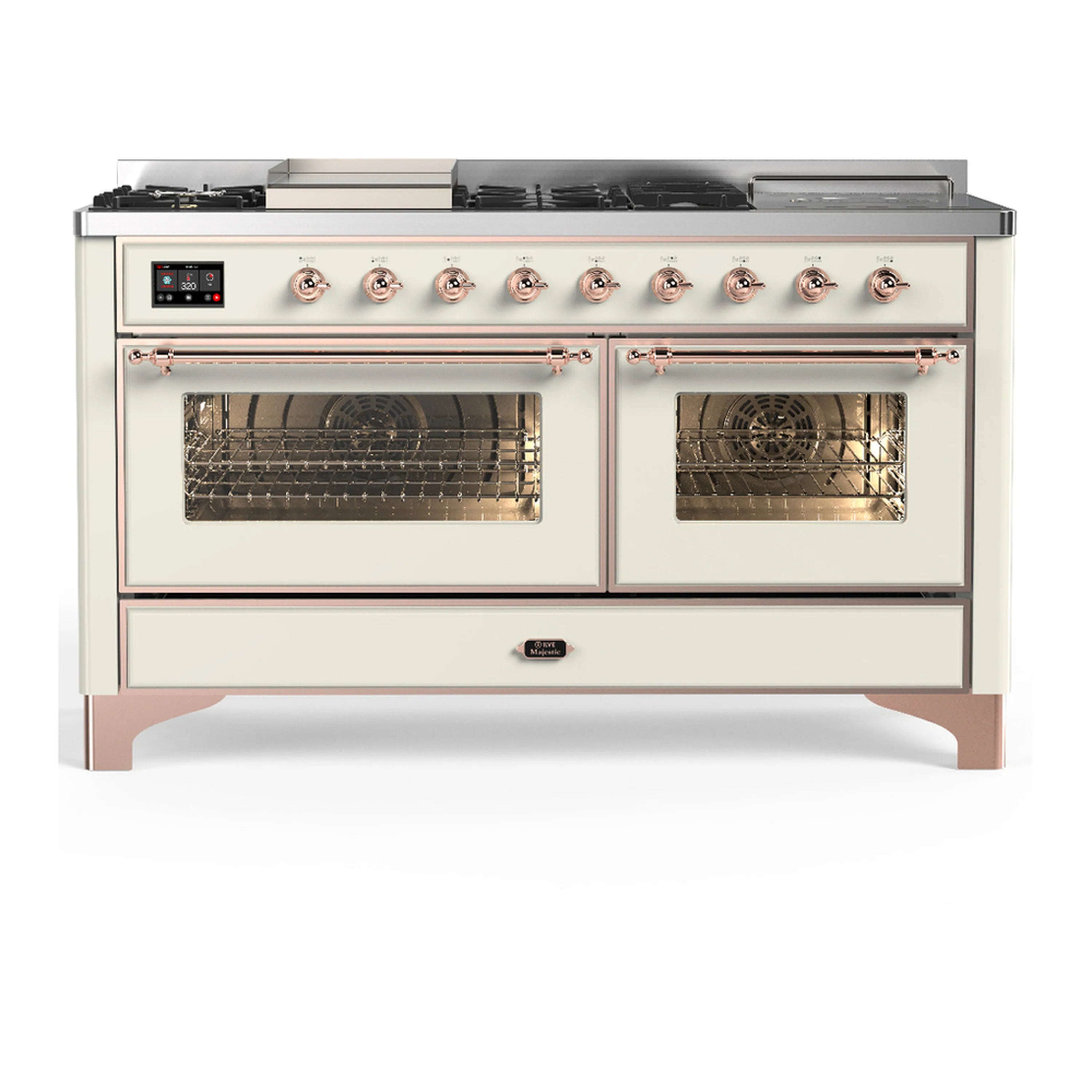 Antique white dual fuel range with copper knobs and two closed triple-glass oven doors