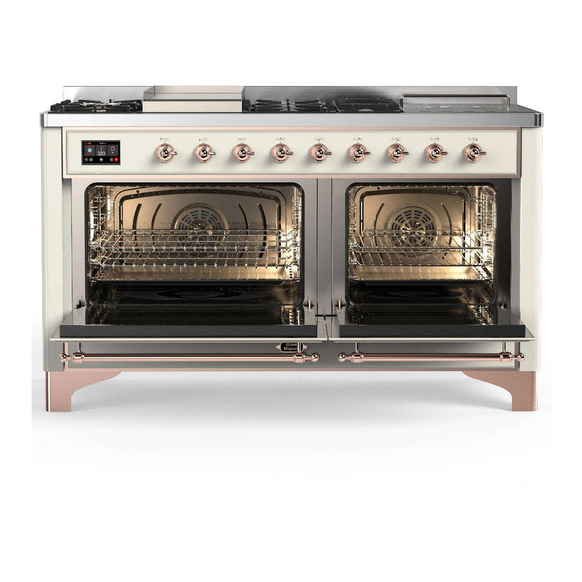 Antique white dual fuel range with copper controls, both oven doors open, showing racks