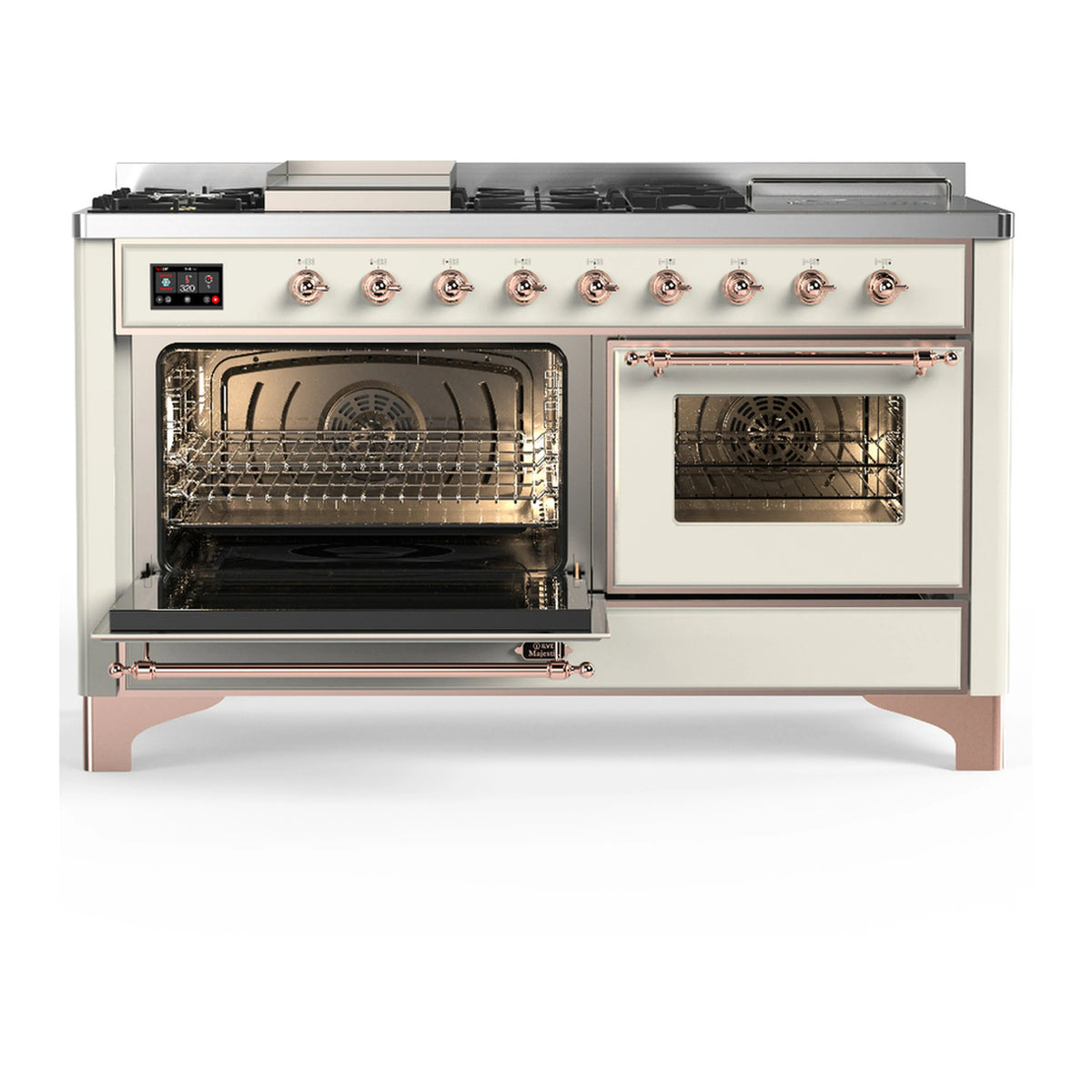 Antique white dual fuel range with copper controls, left oven open and right oven door open