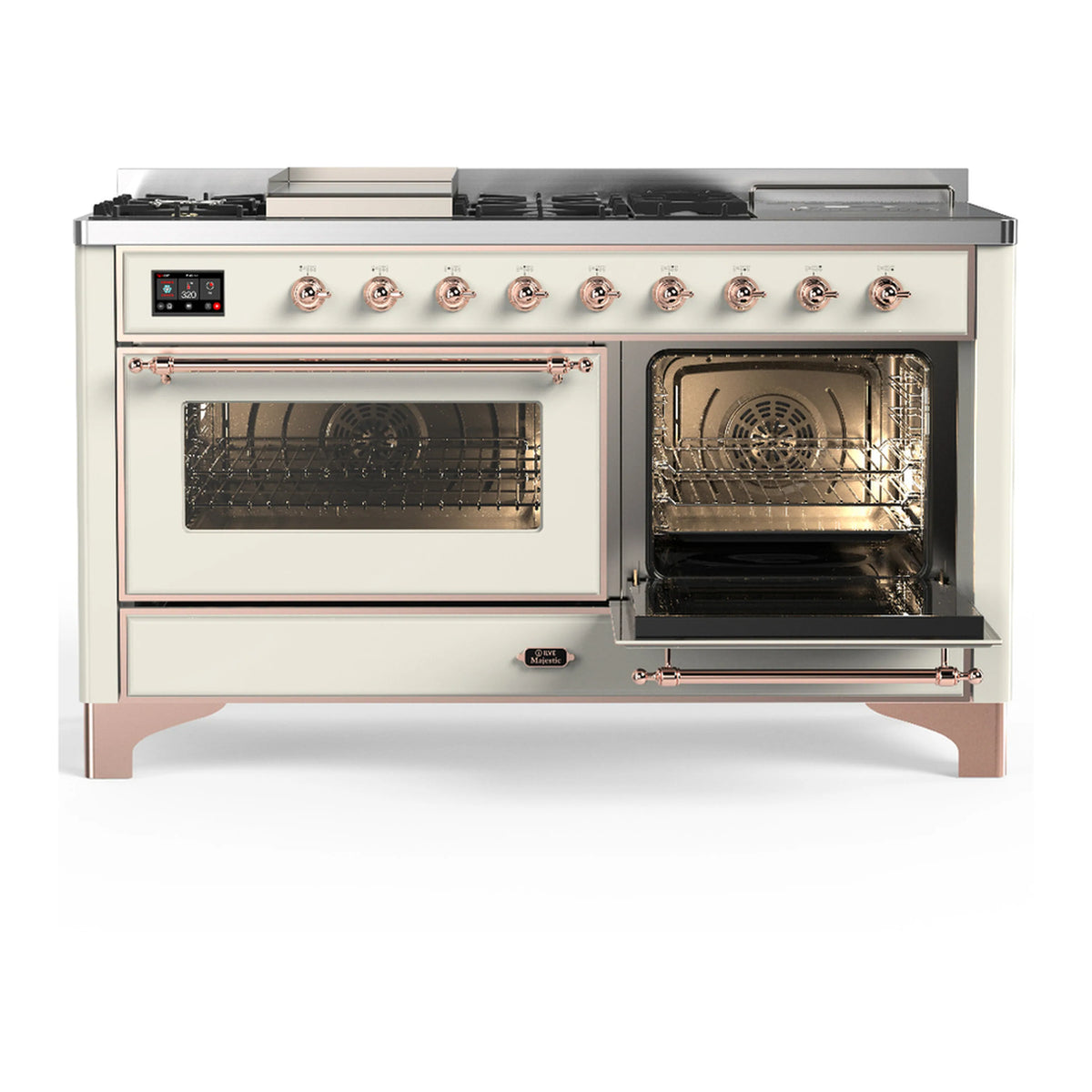 Antique white dual fuel range with copper trim, one oven door open and the other closed