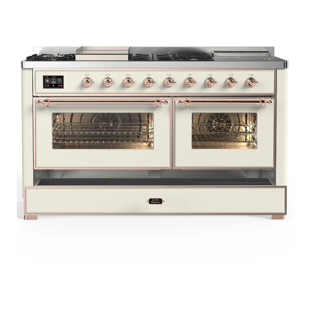 Antique white dual fuel range with copper trim and two oven doors open, lower drawer visible