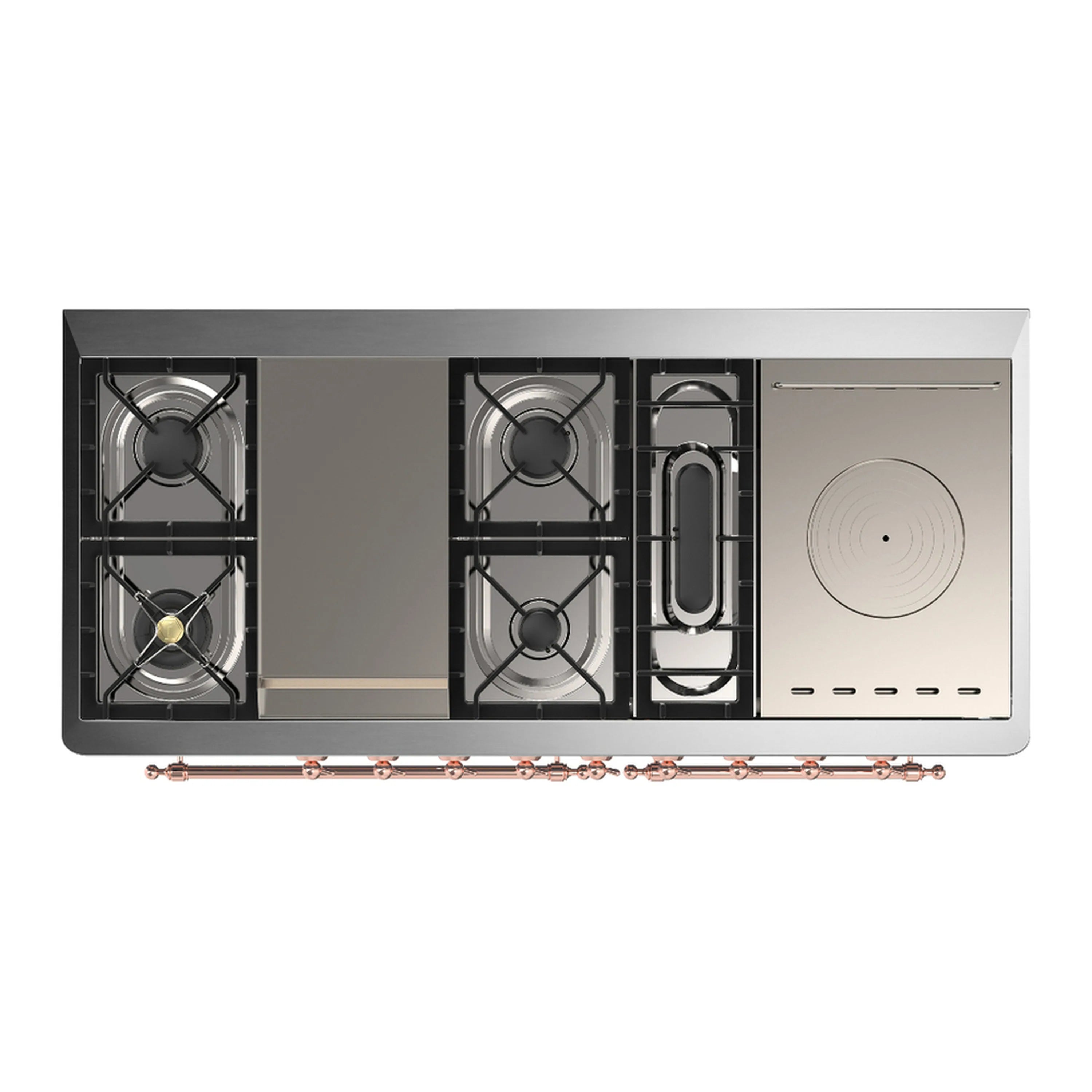 Dual fuel range side view showing two gas burners and an oven control dial panel