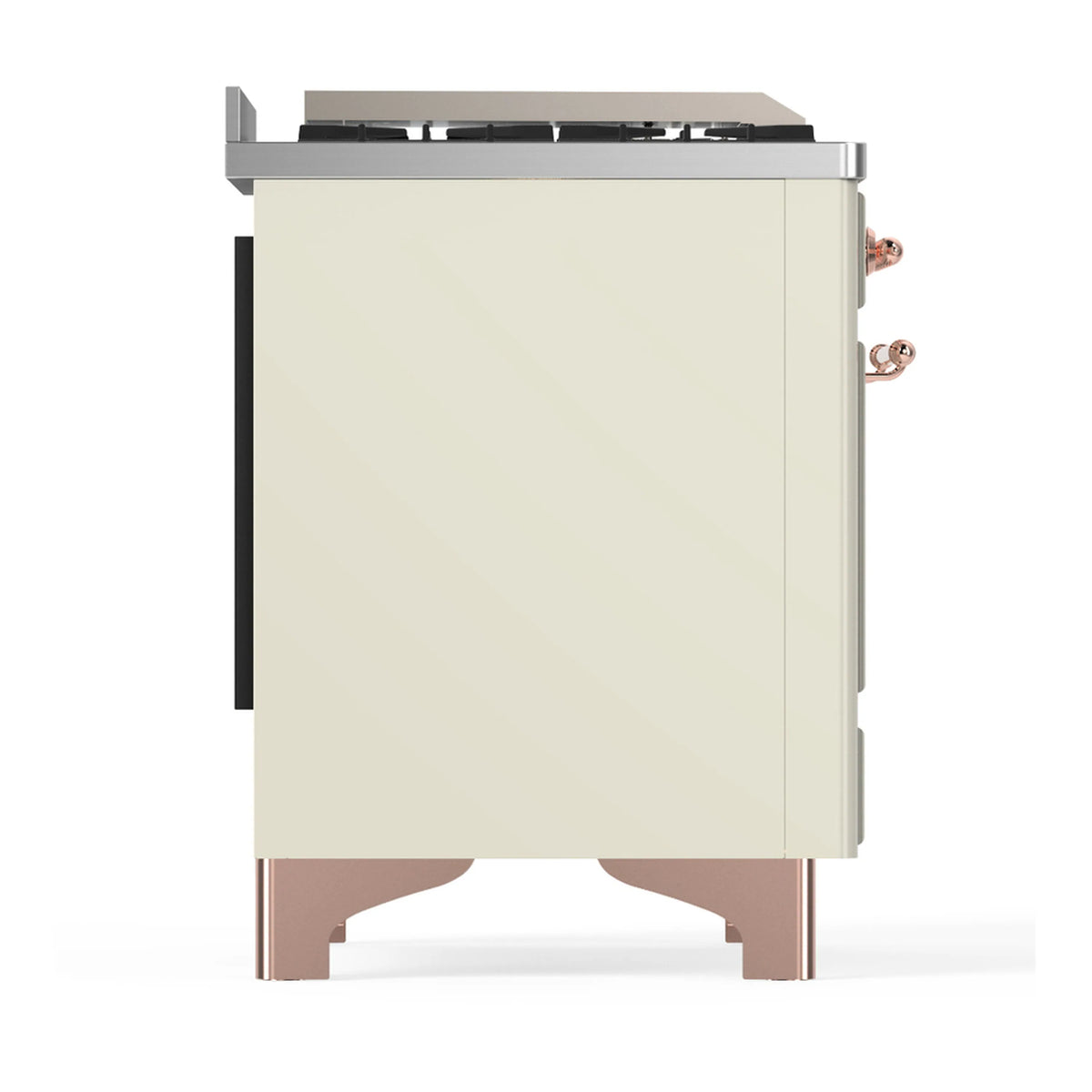 Side view of antique white dual fuel range with copper-trimmed side controls