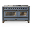 ILVE Majestic III 60-inch Dual Fuel Range with 5 Liquid Propane Burner, Griddle, French Top and Triple Glass Door Electric Oven in Blue Grey with Burnished Trim (UM60FSNR3BGBLP)