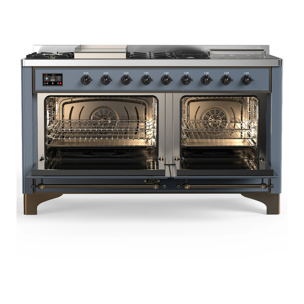 Blue grey dual fuel range with open double oven doors showing racks and burner controls