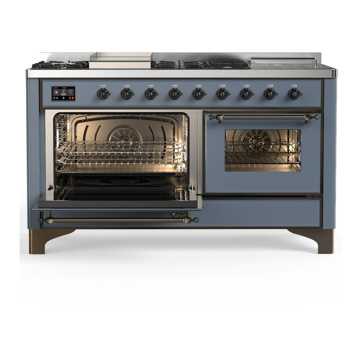 Blue grey dual fuel range with one oven door open, one closed, and front burner controls