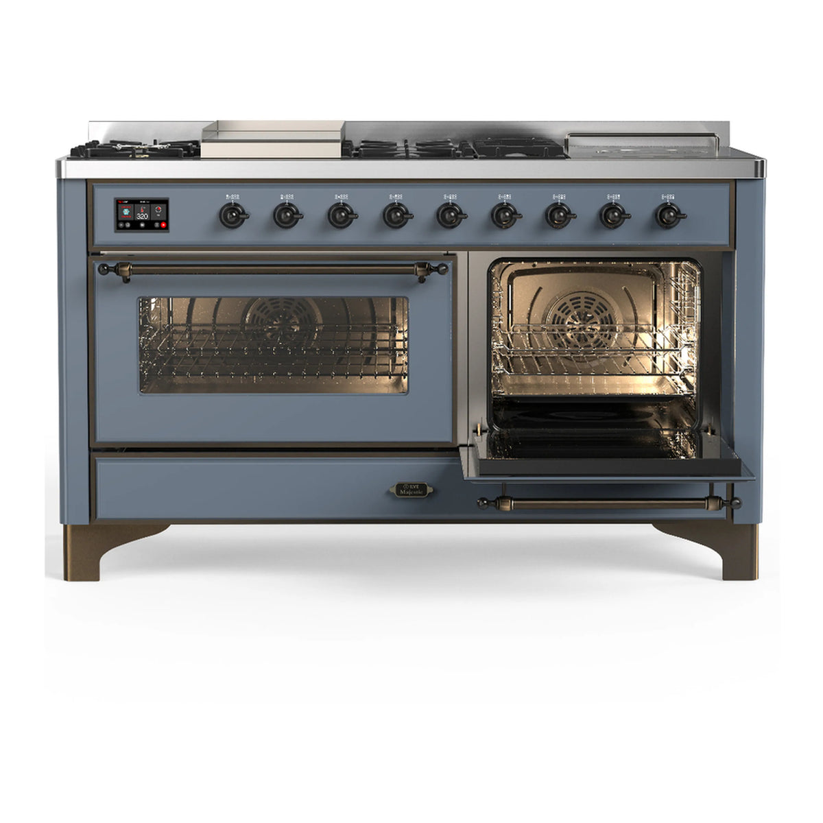 Blue grey dual fuel range with left oven door closed and right oven door open