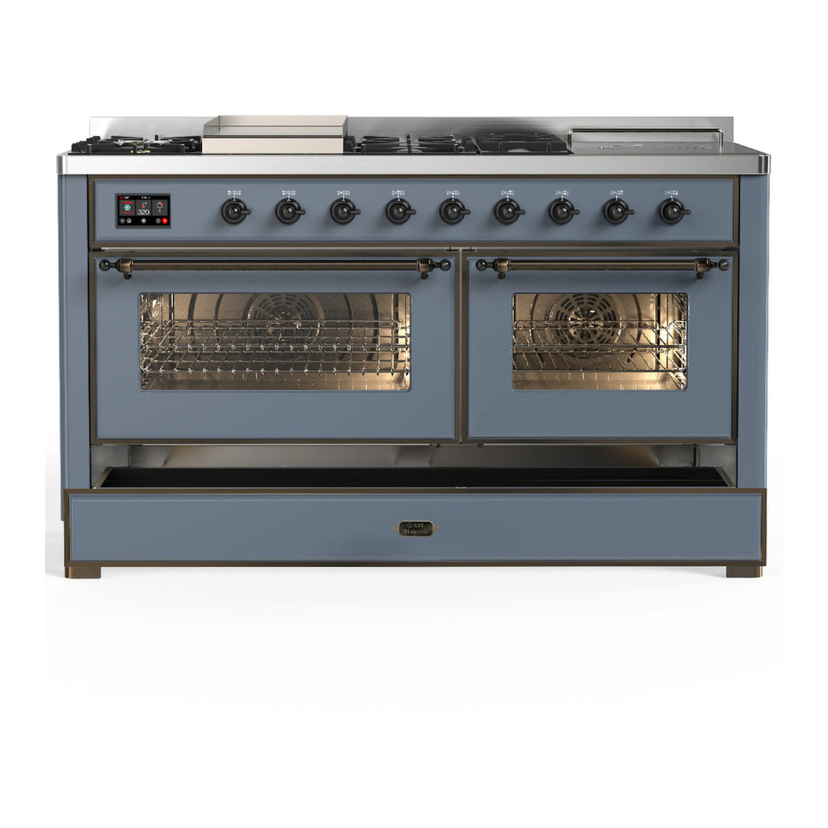 Blue grey dual fuel range with dual oven glass doors and burner control knobs