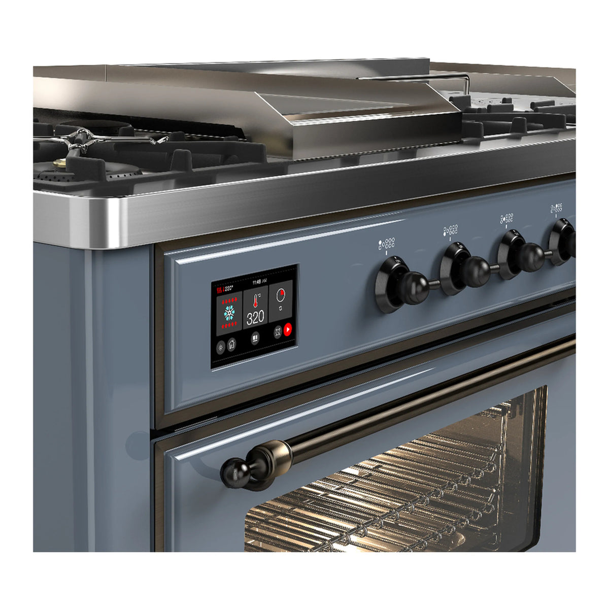 Blue grey dual fuel range control panel and oven handle with open oven interior