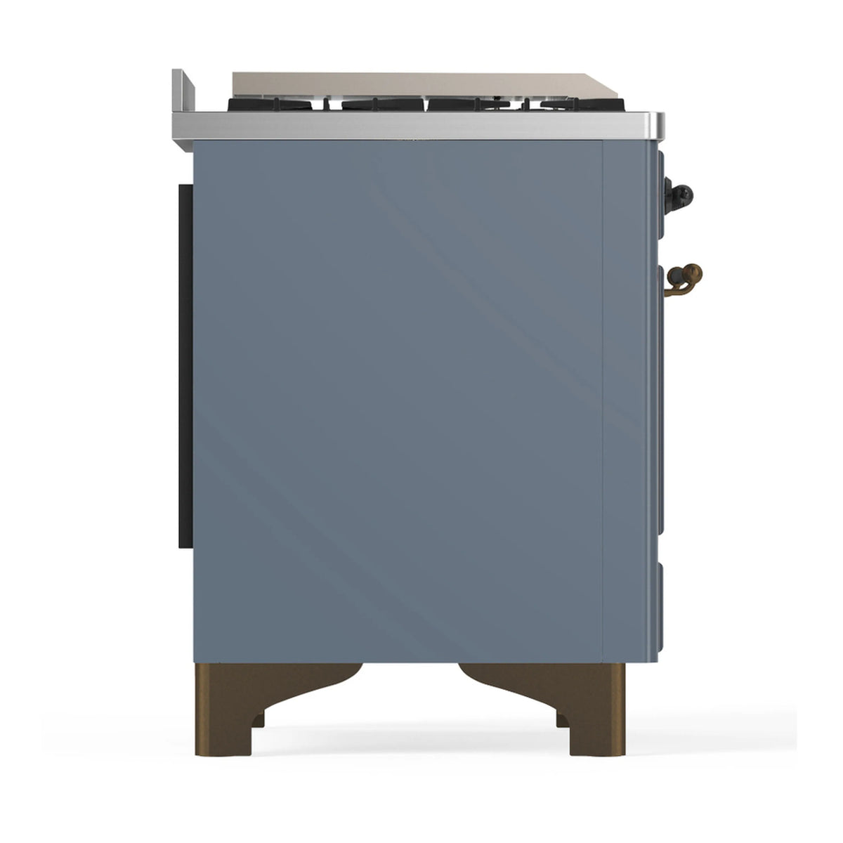 Blue grey dual fuel range side panel with rear controls and burnished trim