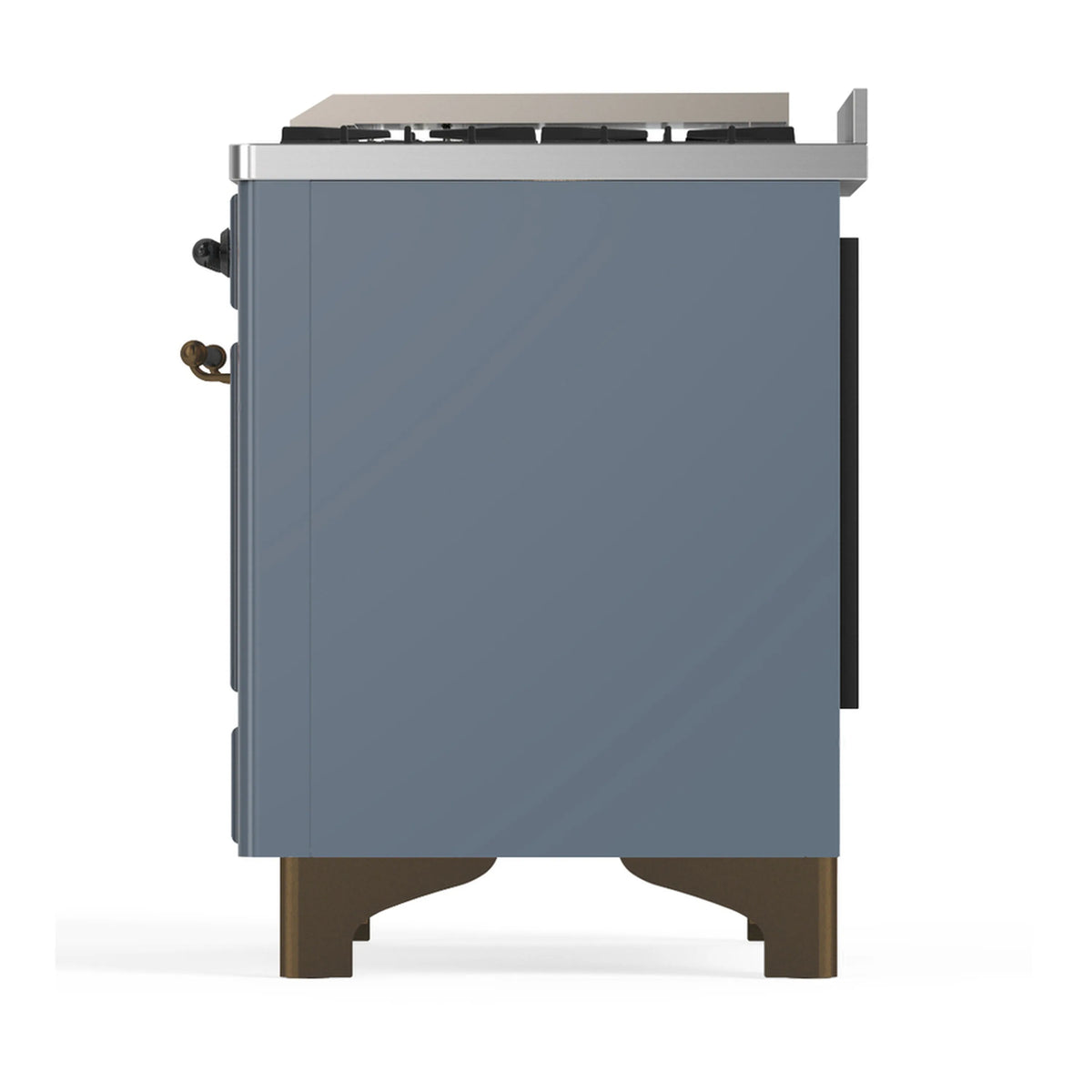 Blue grey dual fuel range side view with side handle details and raised feet