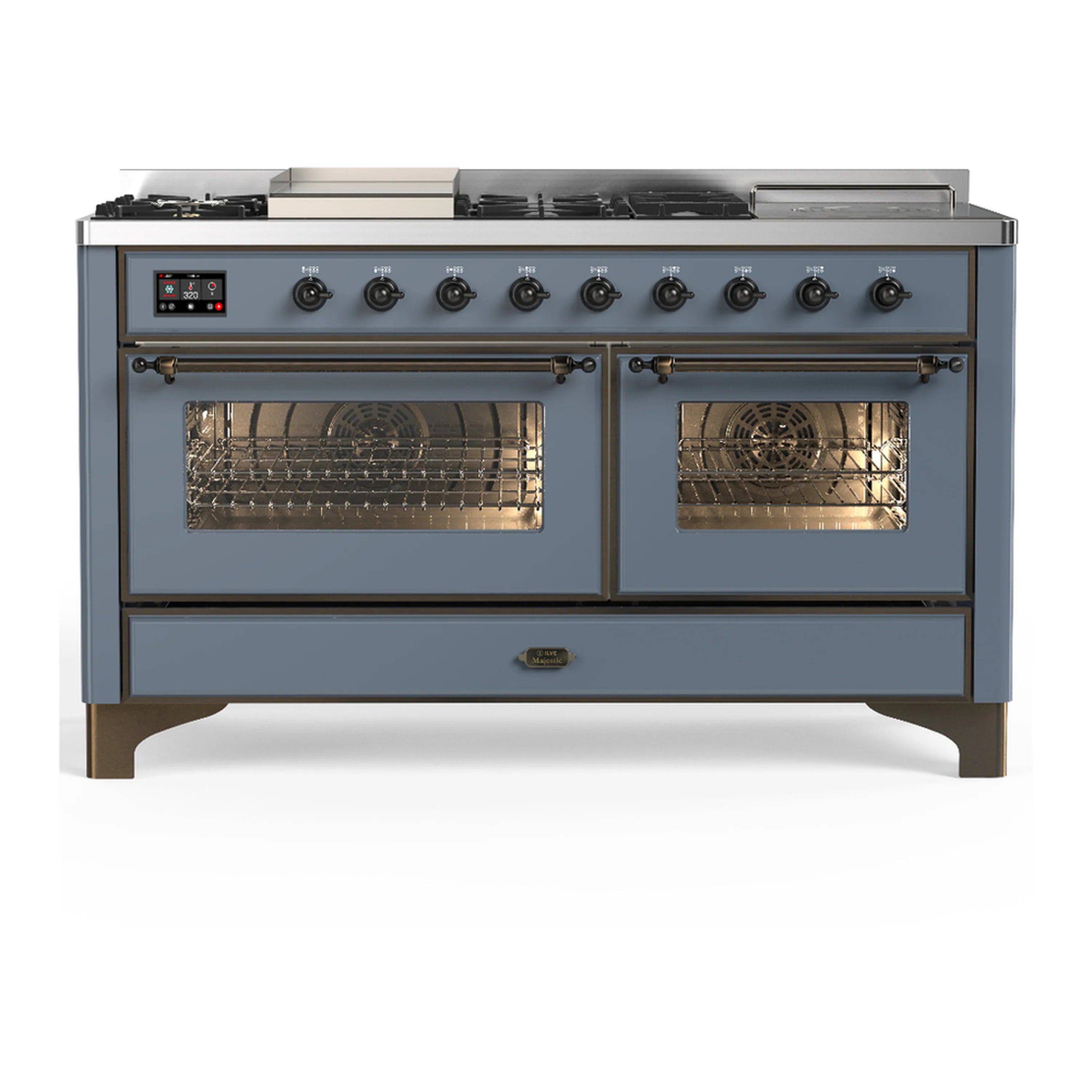 Blue grey dual fuel range with two glass-front ovens and front control knobs.