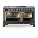 ILVE Majestic III 60-inch Dual Fuel Range with 7 Natural Gas Burner, Griddle, French Top and Triple Glass Door Electric Oven in Blue Grey with Burnished Trim (UM60FSNR3BGB)