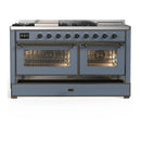 ILVE Majestic III 60-inch Dual Fuel Range with 7 Natural Gas Burner, Griddle, French Top and Triple Glass Door Electric Oven in Blue Grey with Burnished Trim (UM60FSNR3BGB)