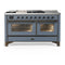 ILVE Majestic III 60-inch Dual Fuel Range with 7 Natural Gas Burner, Griddle, French Top and Triple Glass Door Electric Oven in Blue Grey with Burnished Trim (UM60FSNR3BGB)