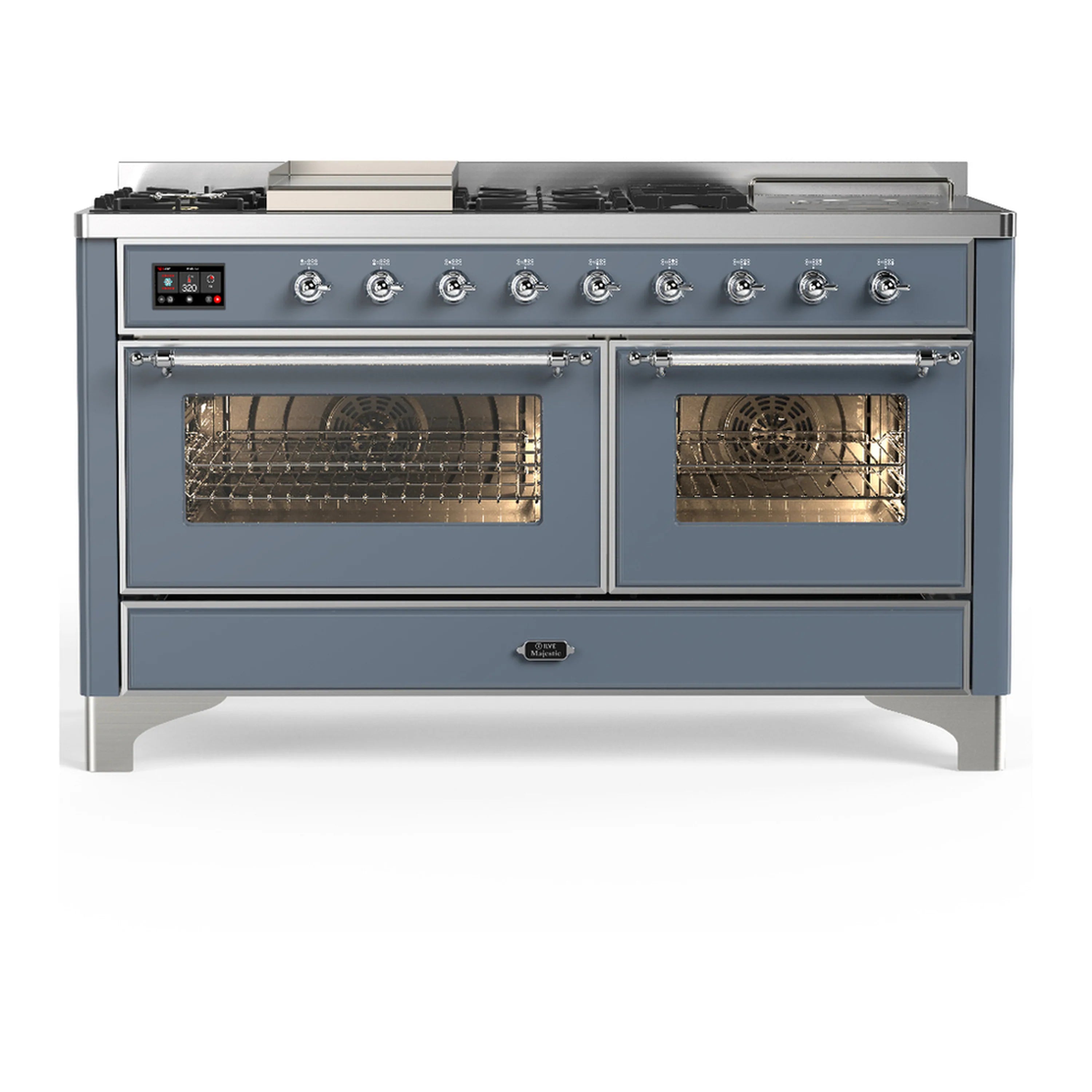 Blue grey dual fuel range with chrome knobs and two glass oven doors, front view.