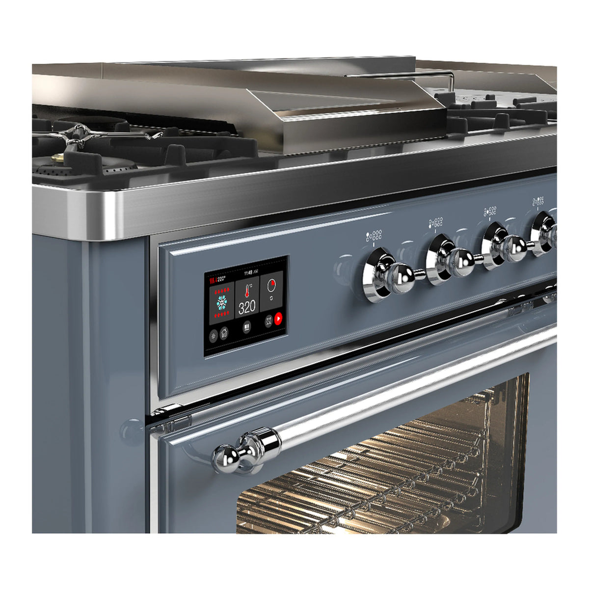 Blue grey dual fuel range side close-up of chrome control panel and open oven with racks.