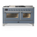 ILVE Majestic III 60-inch Dual Fuel Range with 7 Natural Gas Burner, Griddle, French Top and Triple Glass Door Electric Oven in Blue Grey with Chrome Trim (UM60FSNR3BGC)