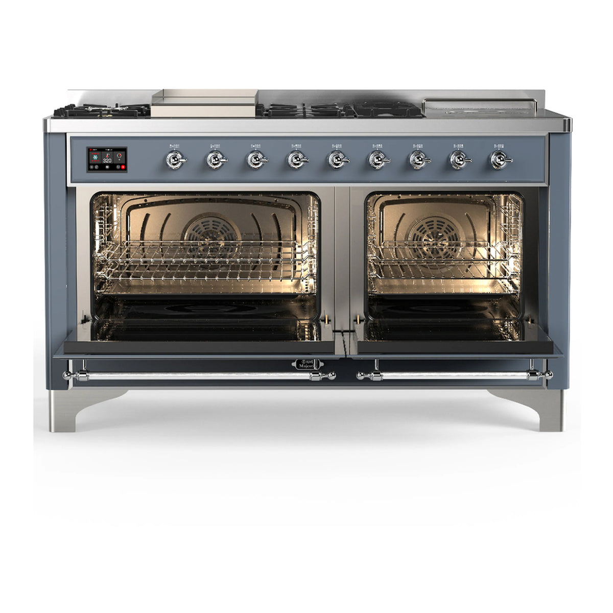 Blue grey dual fuel range with both ovens open, chrome trim, and front control knobs