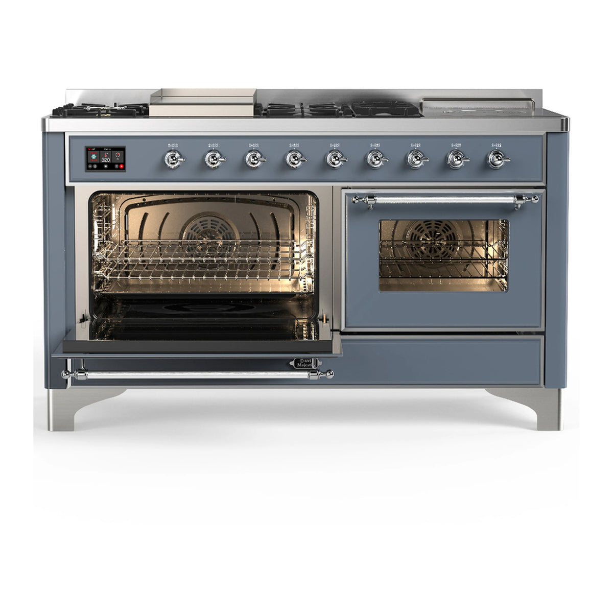 Blue grey dual fuel range with left oven open and right oven window, chrome trim