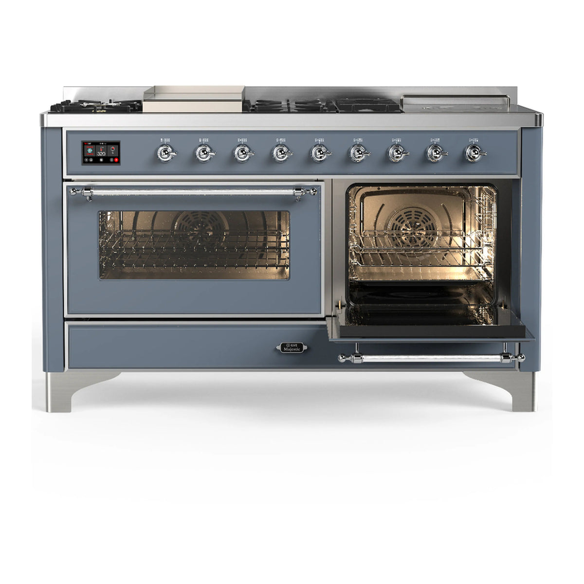 Blue grey dual fuel range with one oven door open, another oven glass window