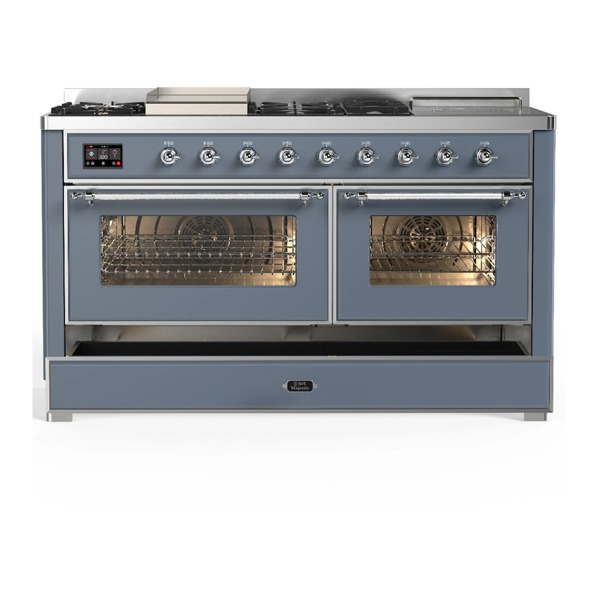 Blue grey dual fuel range with lower storage drawer and two oven windows