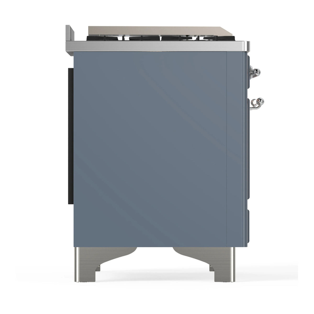 Blue grey dual fuel range rear-facing view with vented griddle surface and handles
