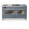 ILVE Majestic III 60-inch Dual Fuel Range with 7 Natural Gas Burner, Griddle, French Top and Triple Glass Door Electric Oven in Blue Grey with Chrome Trim (UM60FSNR3BGC)