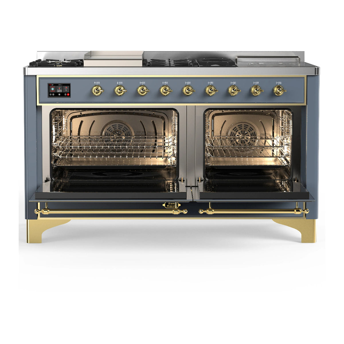 Blue grey dual fuel range with brass handles; both ovens open to reveal racks