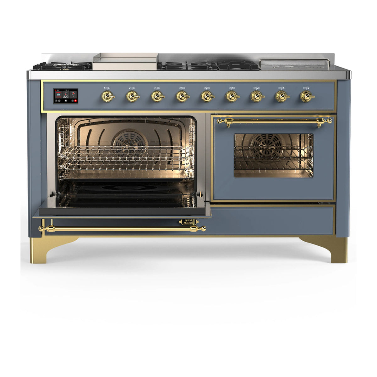 Blue grey dual fuel range with open oven door; brass trim and interior racks visible