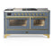 ILVE Majestic III 60-inch Dual Fuel Range with 5 Liquid Propane Burner, Griddle, French Top and Triple Glass Door Electric Oven in Blue Grey with Brass Trim (UM60FSNR3BGGLP)