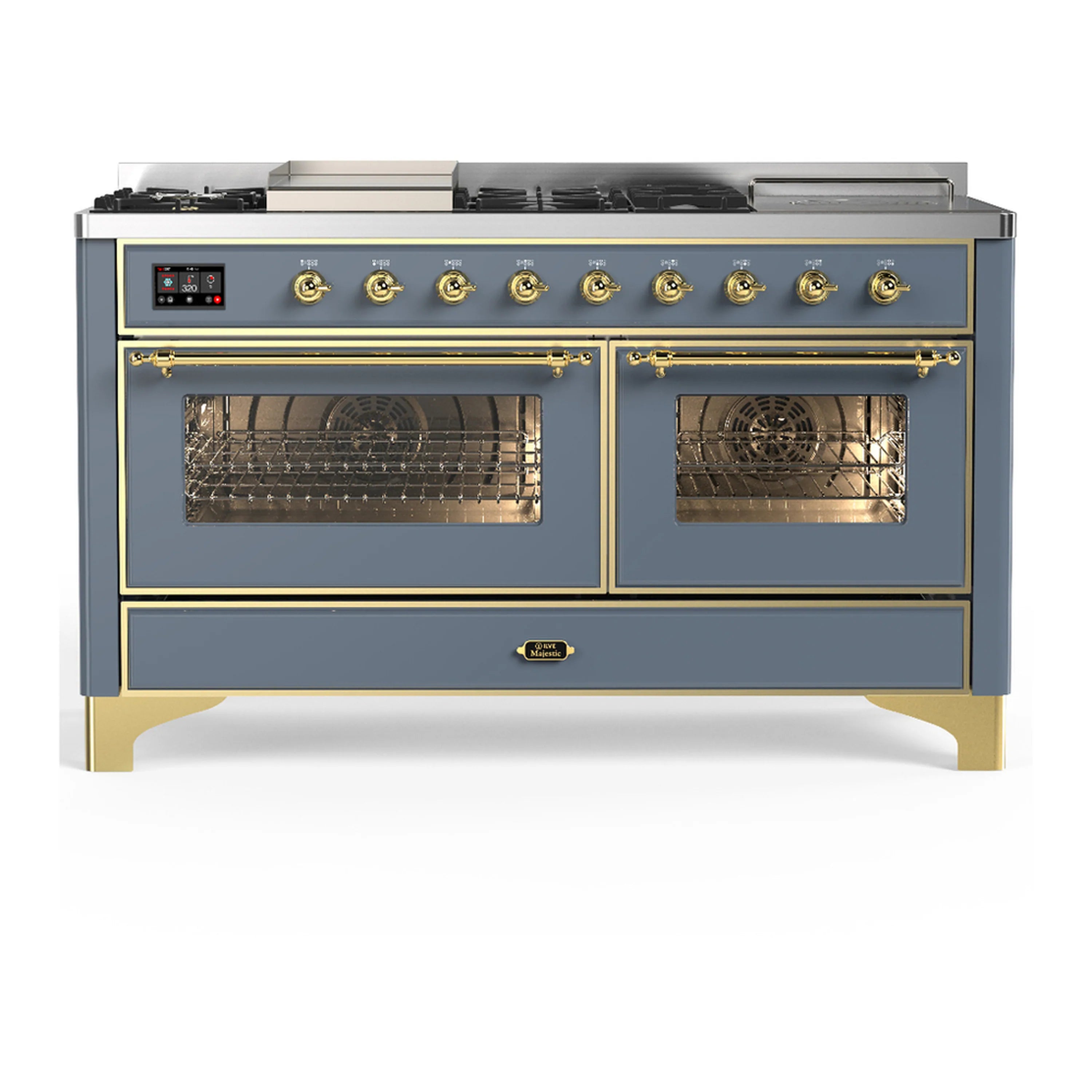 Blue grey dual fuel range with brass trim, front knobs, and two glass oven doors closed.