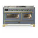 ILVE Majestic III 60-inch Dual Fuel Range with 7 Natural Gas Burner, Griddle, French Top and Triple Glass Door Electric Oven in Blue Grey with Brass Trim (UM60FSNR3BGG)