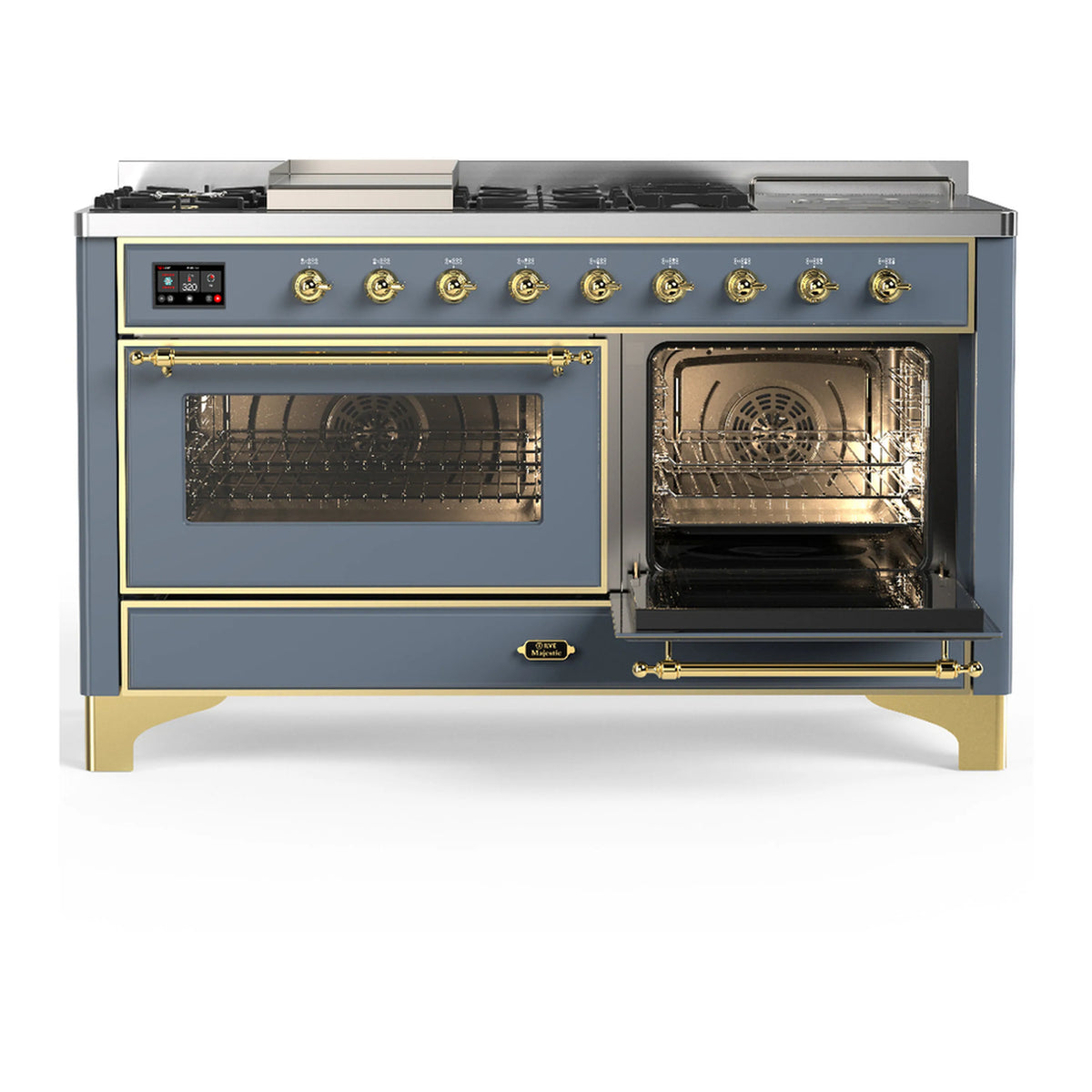 Blue grey dual fuel range with brass trim and dual oven doors open, showing bake racks.