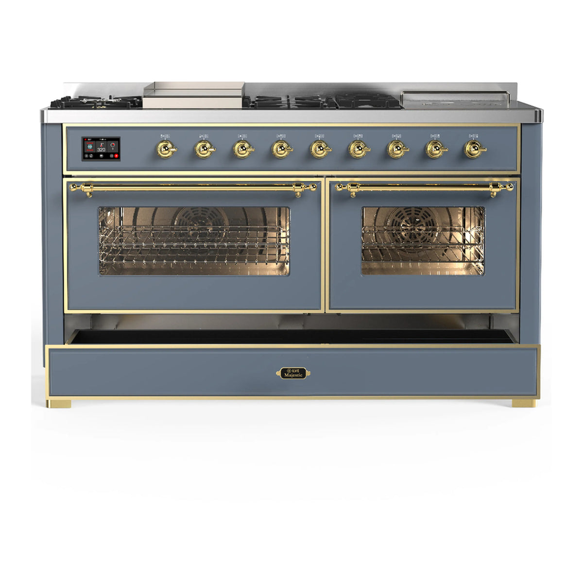 Blue grey dual fuel range with brass trim; upper oven doors open and lower storage drawer.