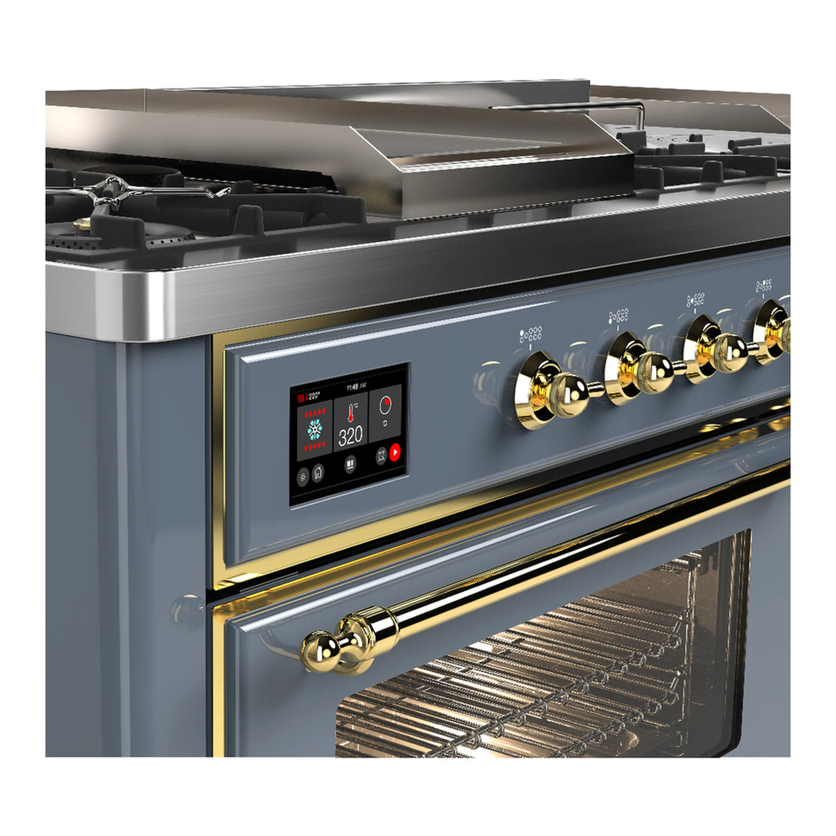 Blue grey range close-up with brass control knobs and digital display; oven door open with rack.