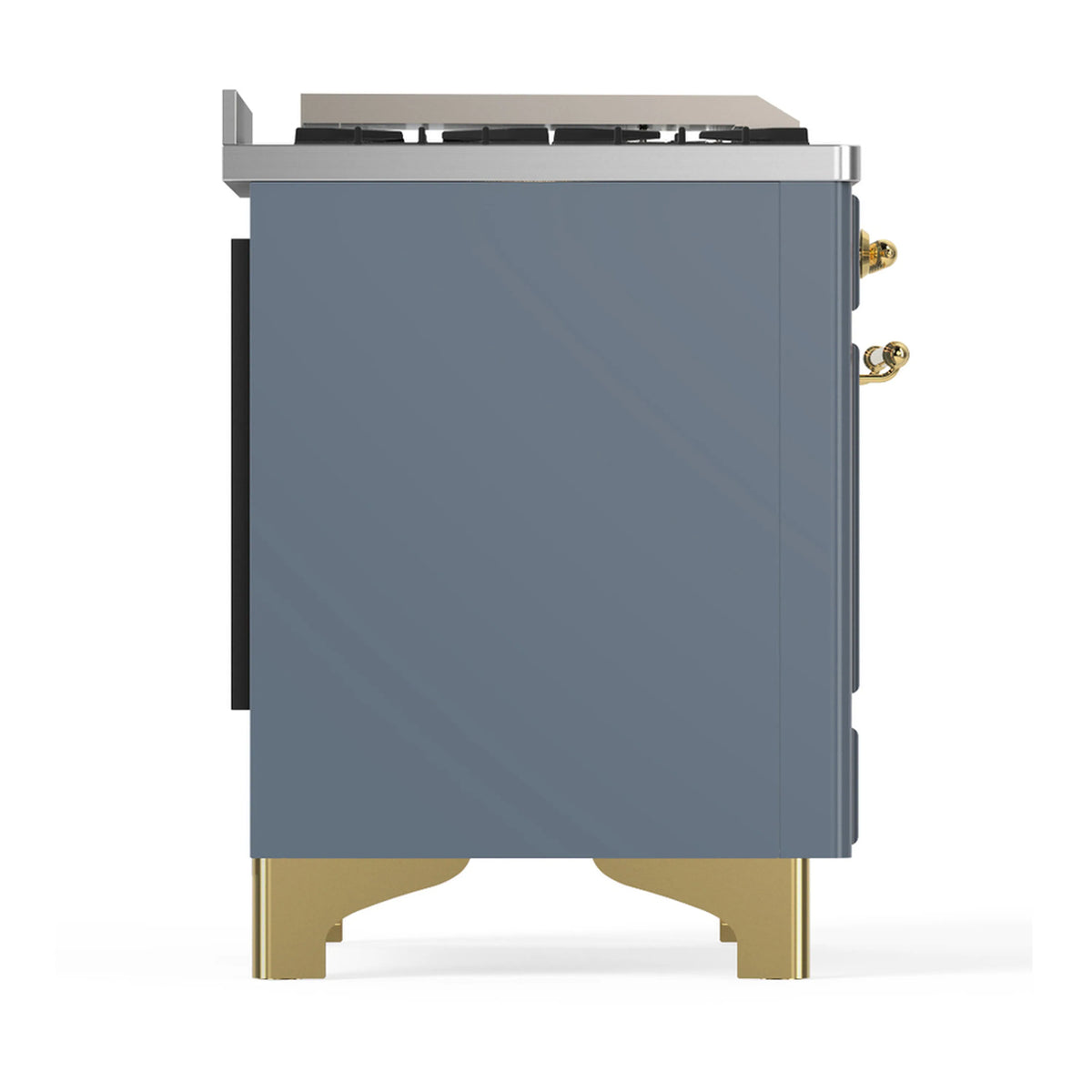 Blue grey range side panel on brass legs, with rear burner area partially visible.