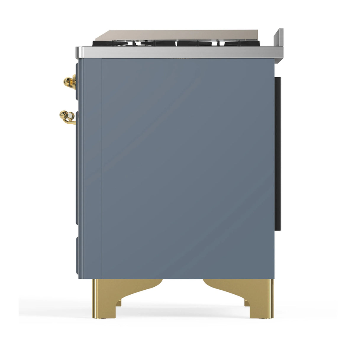 Blue grey range back panel on brass legs, showing side fittings and rear edge.