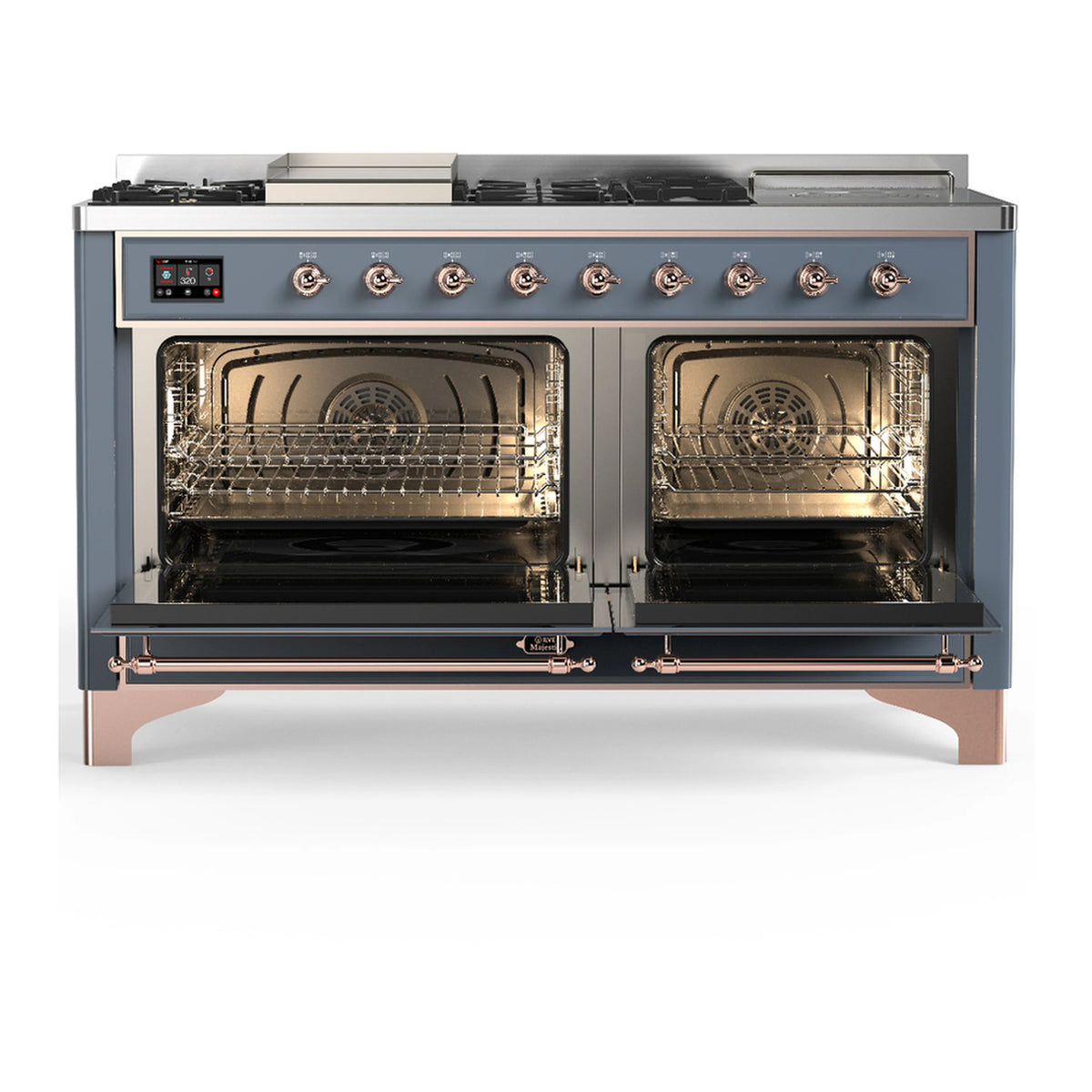 Blue-gray dual fuel range with both oven doors open, showing metal racks and heating elements