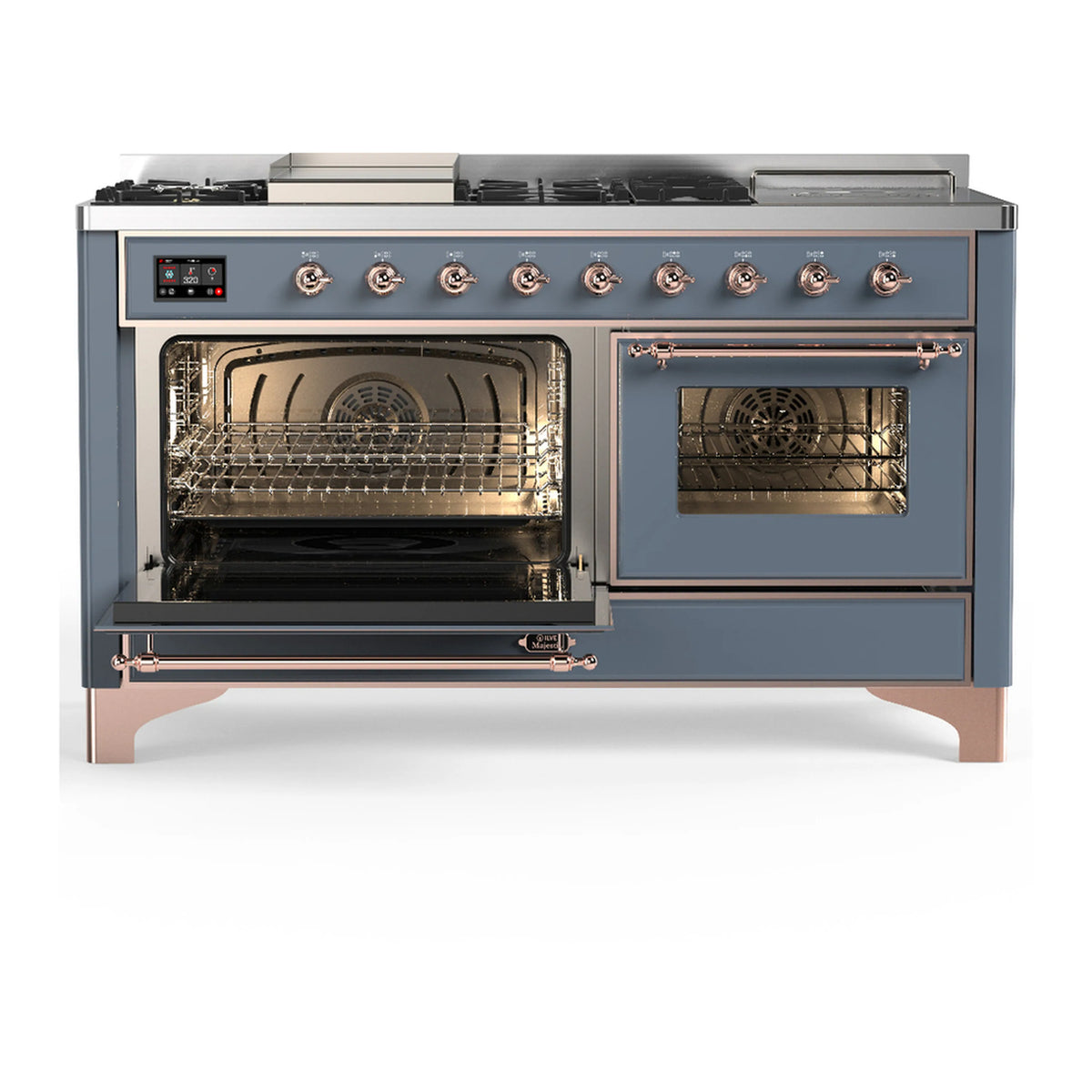 Blue-gray dual fuel range with left oven door open and right oven door closed, copper controls