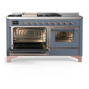ILVE Majestic III 60-inch Dual Fuel Range with 5 Liquid Propane Burner, Griddle, French Top and Triple Glass Door Electric Oven in Blue Grey with Copper Trim (UM60FSNR3BGPLP)