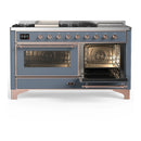 ILVE Majestic III 60-inch Dual Fuel Range with 5 Liquid Propane Burner, Griddle, French Top and Triple Glass Door Electric Oven in Blue Grey with Copper Trim (UM60FSNR3BGPLP)