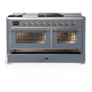 ILVE Majestic III 60-inch Dual Fuel Range with 5 Liquid Propane Burner, Griddle, French Top and Triple Glass Door Electric Oven in Blue Grey with Copper Trim (UM60FSNR3BGPLP)