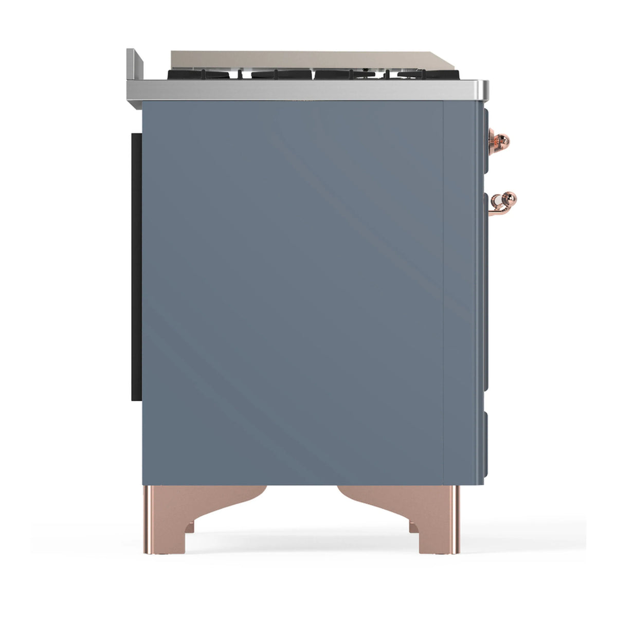 Blue-gray dual fuel range side view with copper-trim controls and cooktop area
