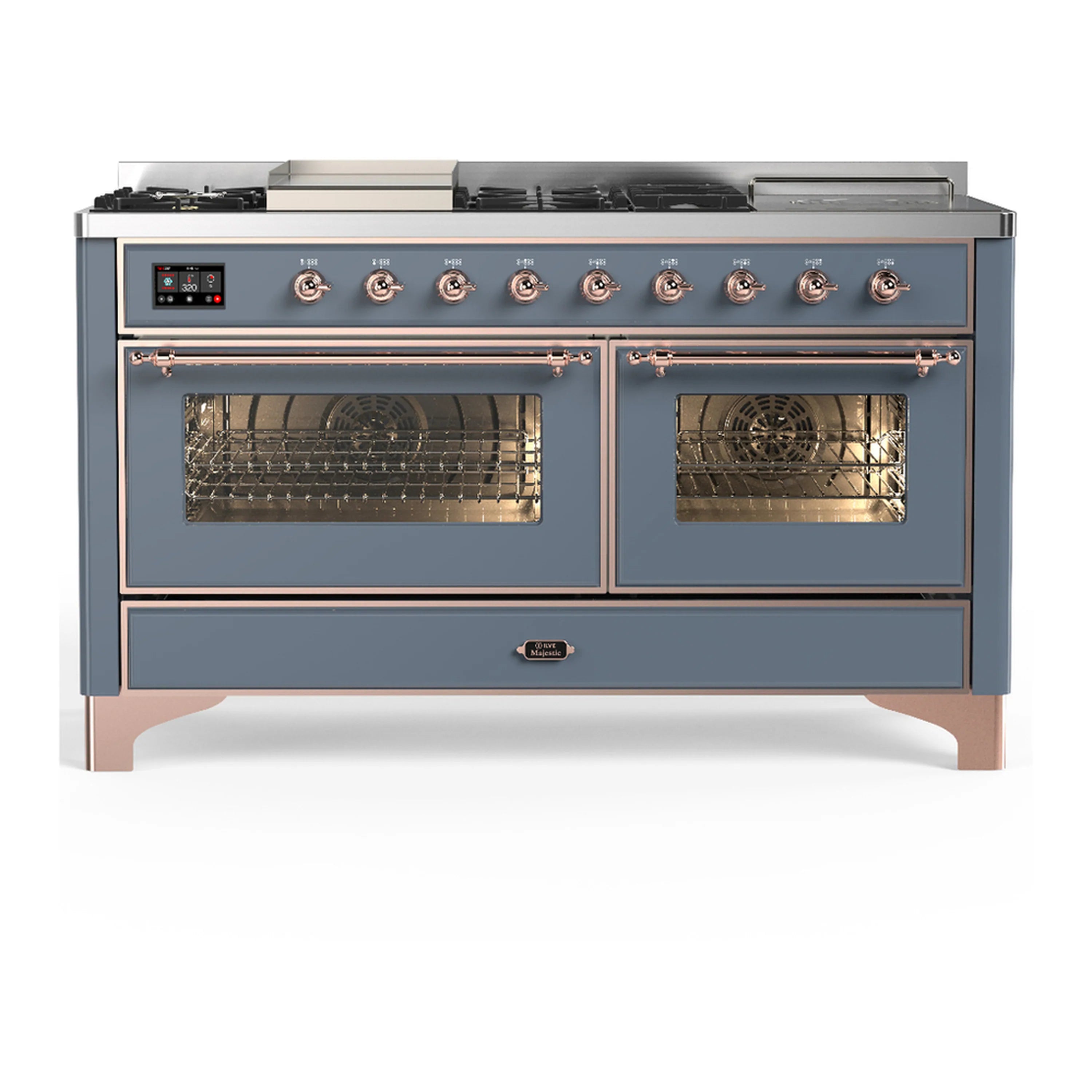 Blue grey dual fuel range with copper-trimmed control knobs and two oven doors.
