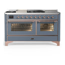 ILVE Majestic III 60-inch Dual Fuel Range with 7 Natural Gas Burner, Griddle, French Top and Triple Glass Door Electric Oven in Blue Grey with Copper Trim (UM60FSNR3BGP)