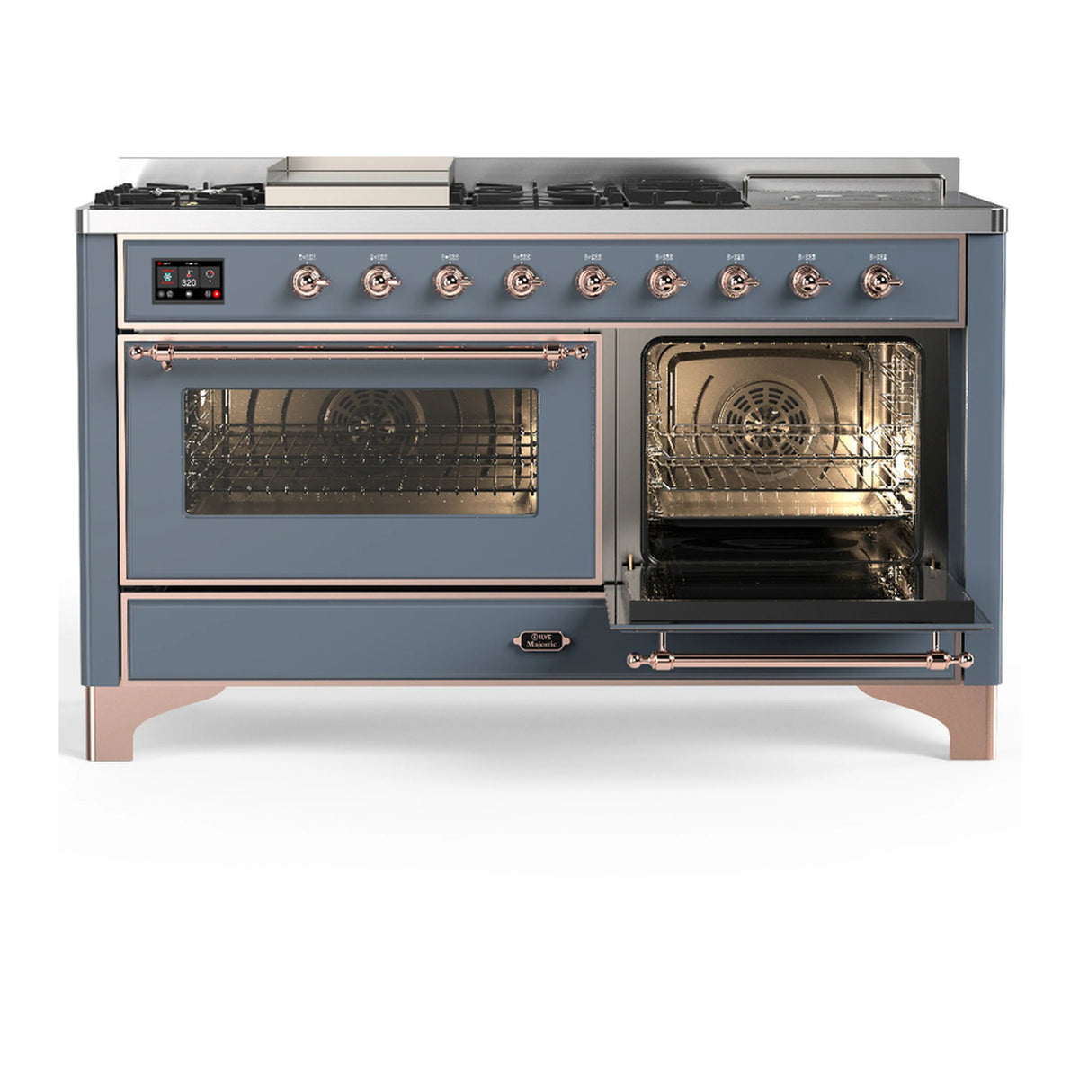 Blue grey dual fuel range with copper trim; left oven closed, right oven open.